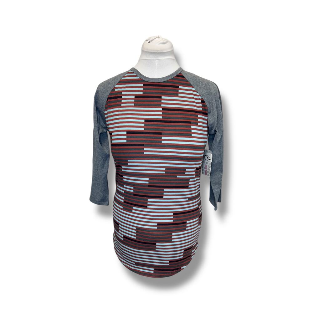 LulaRoe Unisex Randy Baseball T-Shirt, Grey Linear Colorblock, size S